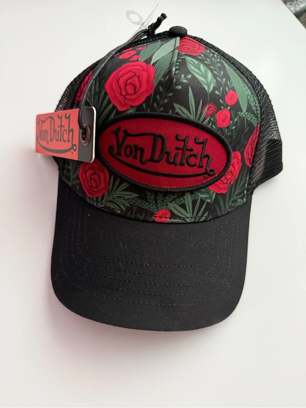 Von Dutch Black Trucker Cap with Red Rose Print
